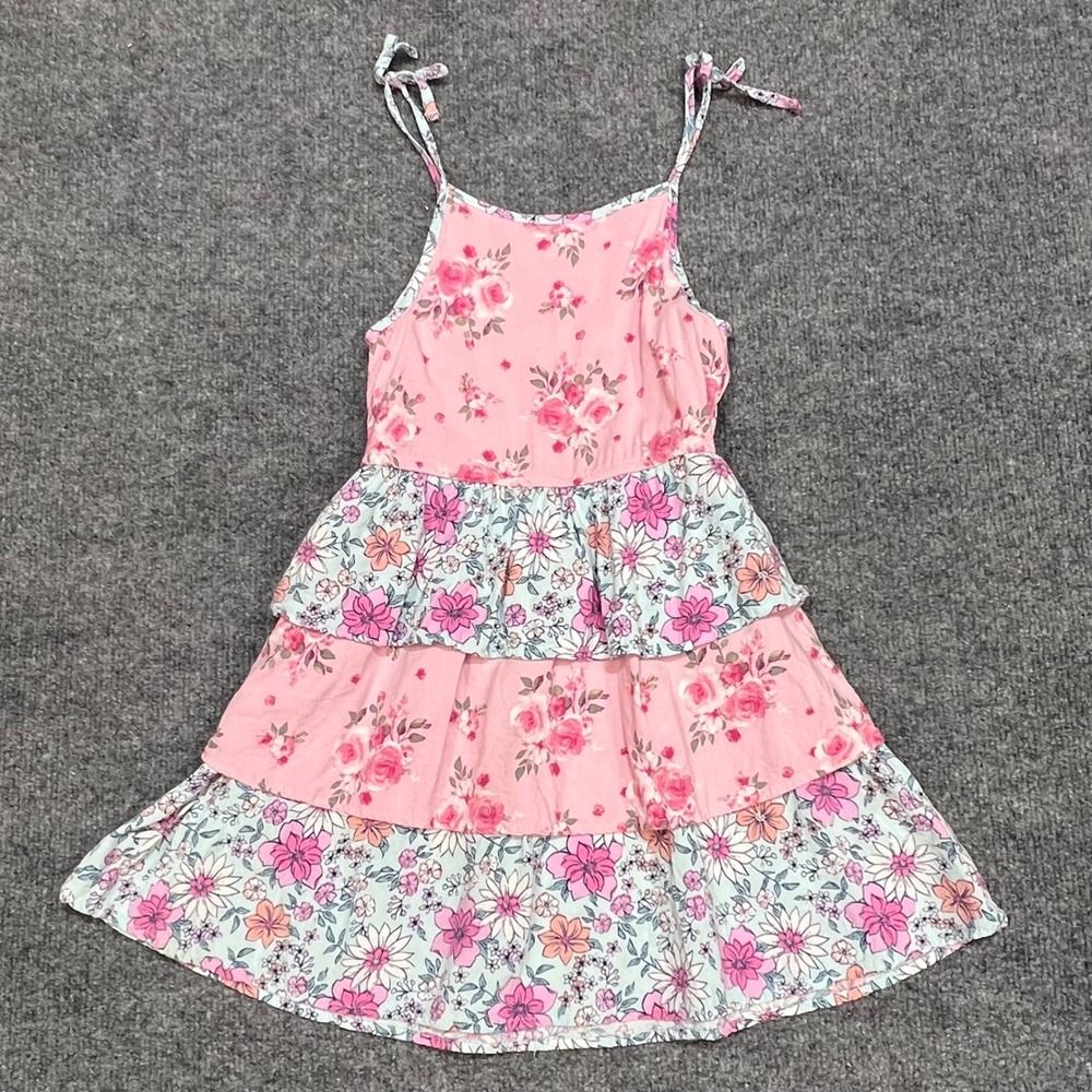 Btween Sundress Kids Size 8 Pink Blue Floral Tiered Tie Strap Sleeveless Dress